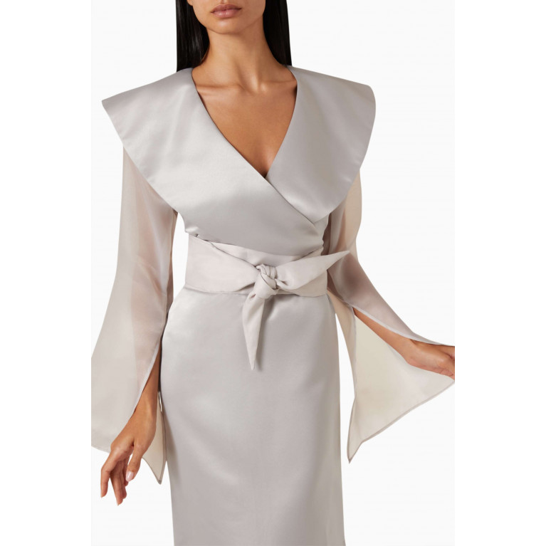 Roua AlMawally - Oversized Collar Belted Maxi Dress in Taffeta Grey