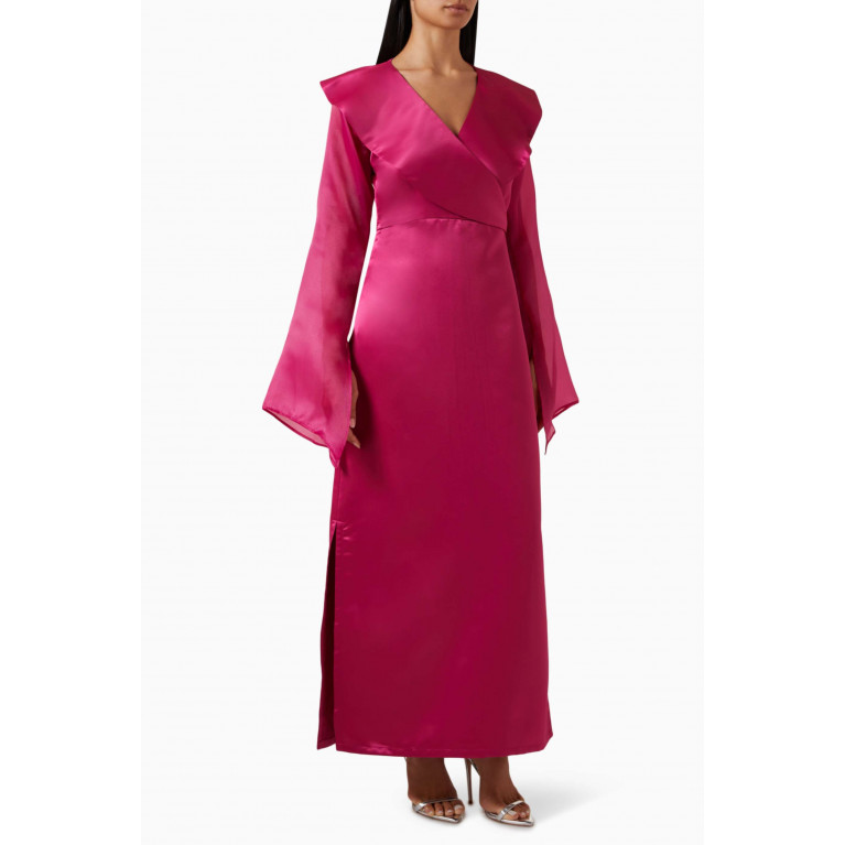 Roua AlMawally - Oversized Collar Belted Maxi Dress in Taffeta Pink