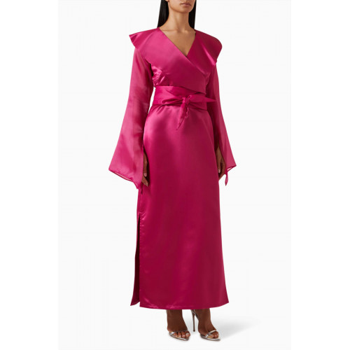 Roua AlMawally - Oversized Collar Belted Maxi Dress in Taffeta Pink