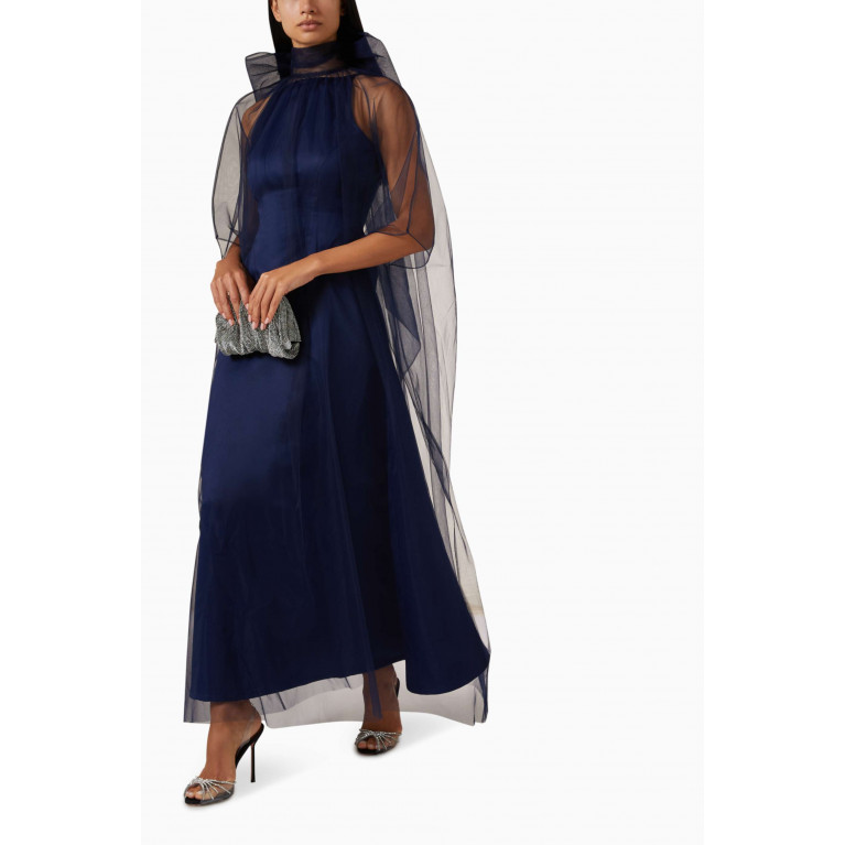 Roua AlMawally - Cape Maxi Dress in Tulle Blue