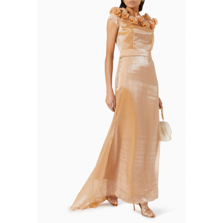 Amri - Floral-applique Maxi Dress Gold