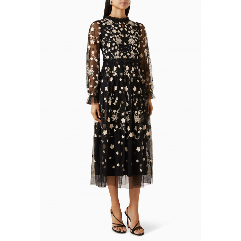 Frock&Frill - Floral-embroidered Midi Dress in Tulle