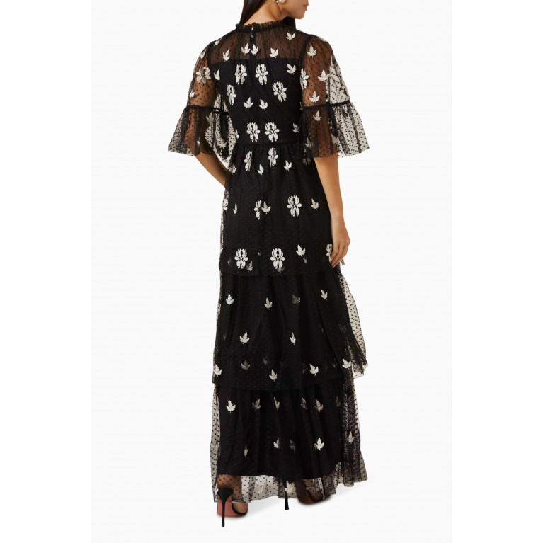 Frock&Frill - Floral-embroidered Tiered Maxi Dress in Dot Tulle