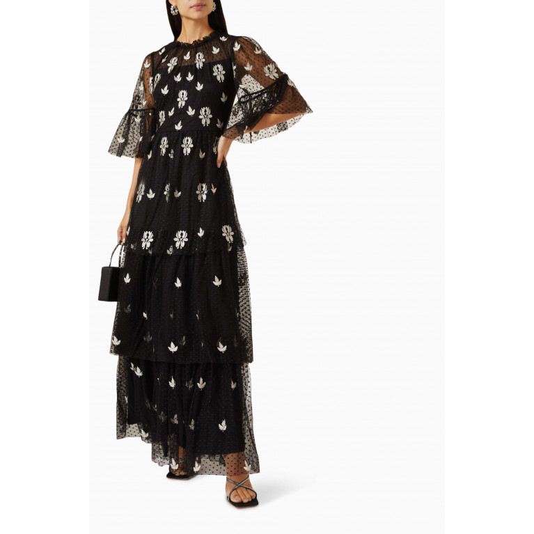 Frock&Frill - Floral-embroidered Tiered Maxi Dress in Dot Tulle