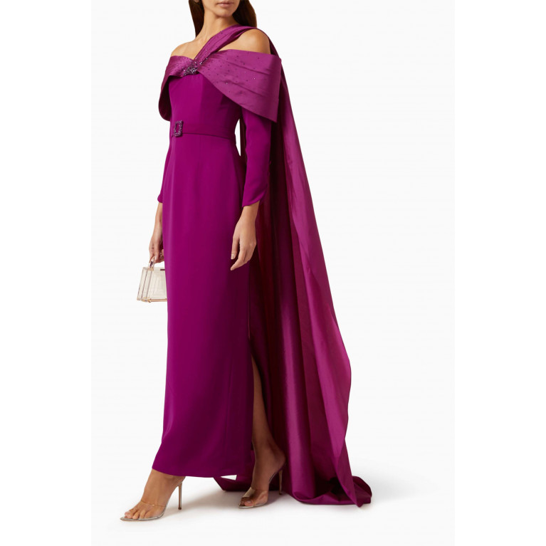 ILLUSTRELLA - Luna Cape-shawl Embellished Maxi Dress in Silk-taffeta & Crepe