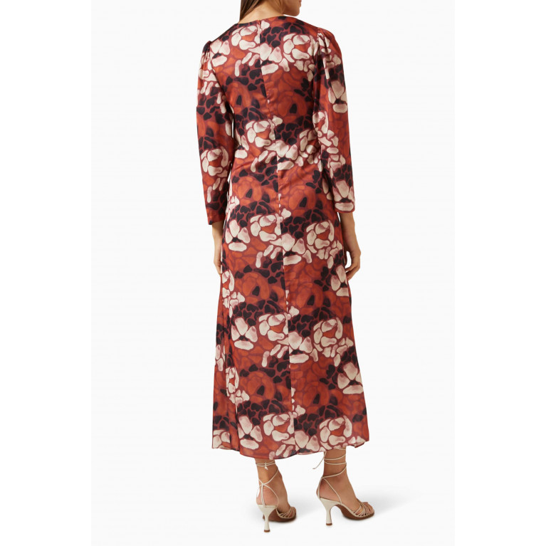 Mimya - Abstract-print Ruched Midi Dress in Satin Brown