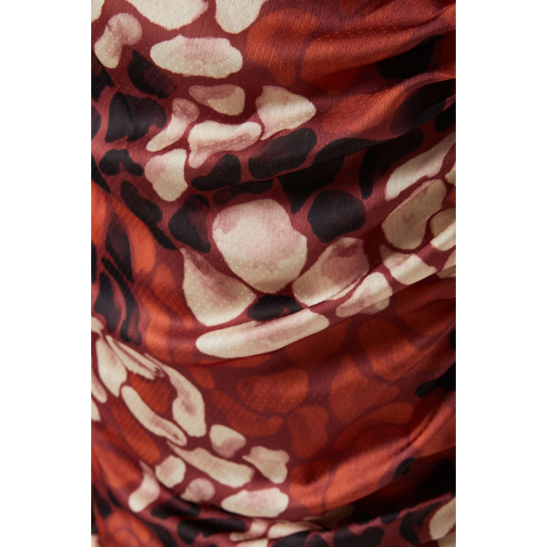 Mimya - Abstract-print Ruched Midi Dress in Satin Brown