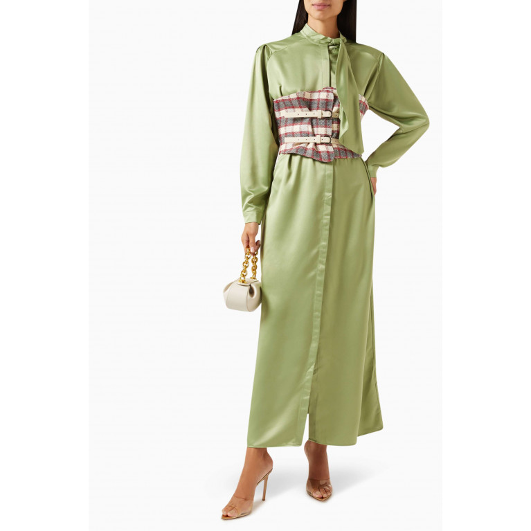 Mimya - Belted Midi Shirt Dress in Satin & Jacquard Green