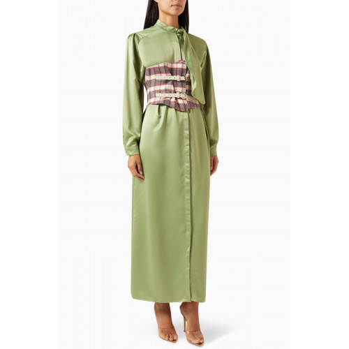 Mimya - Belted Midi Shirt Dress in Satin & Jacquard Green