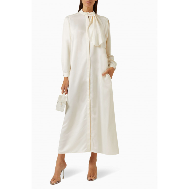 Mimya - Belted Midi Shirt Dress in Satin & Jacquard White