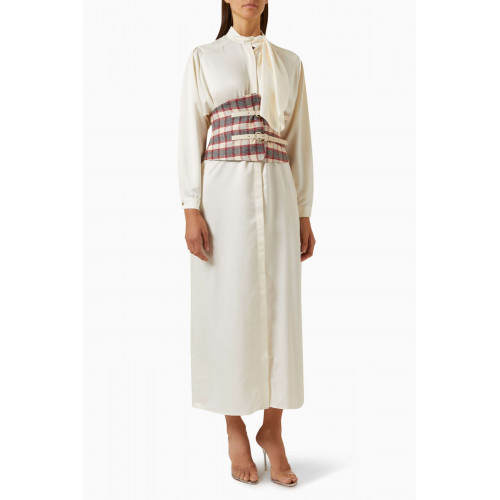Mimya - Belted Midi Shirt Dress in Satin & Jacquard White
