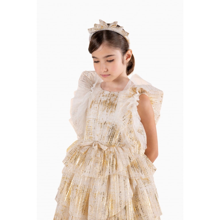Marchesa Kids Couture - Gold-Coated Pleated Gown in Tulle