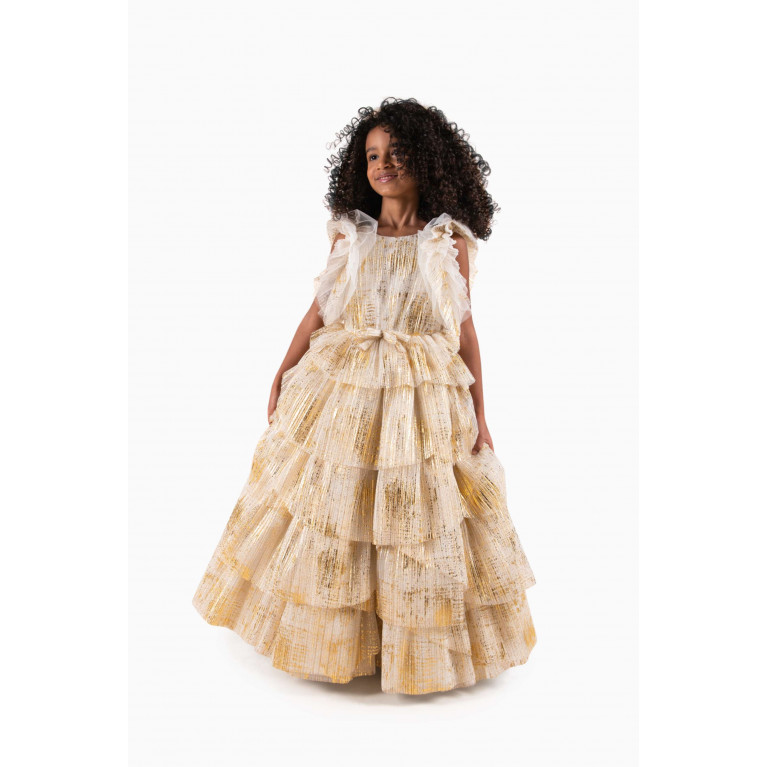 Marchesa Kids Couture - Gold-Coated Pleated Gown in Tulle
