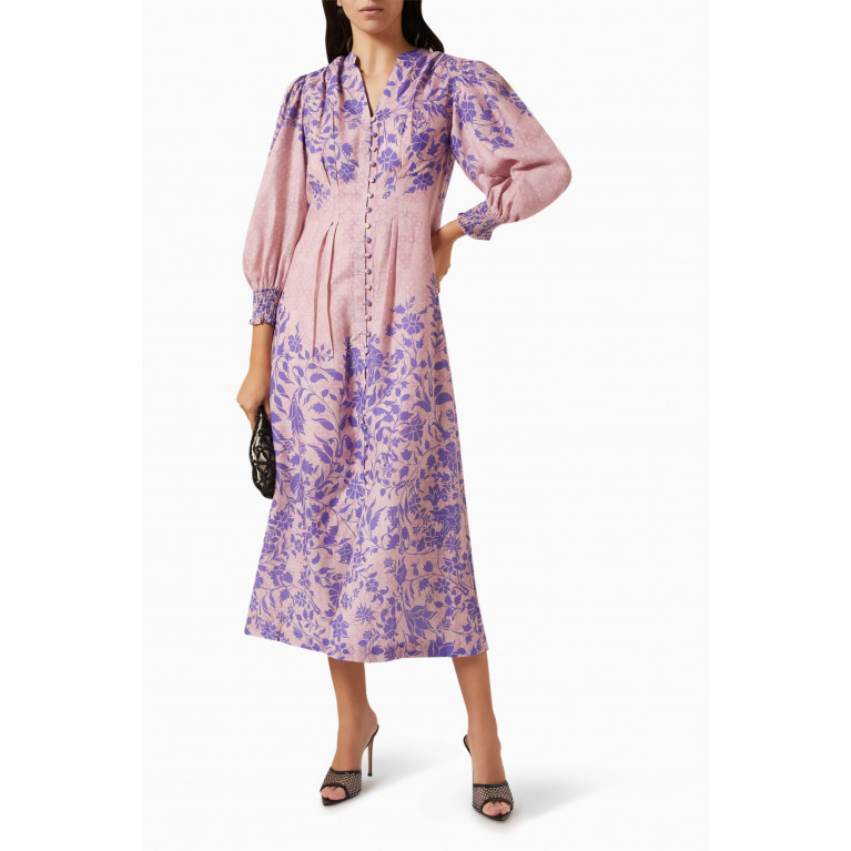 Kalico - Tulip-A Floral-print Midi Dress in Linen-blend Pink