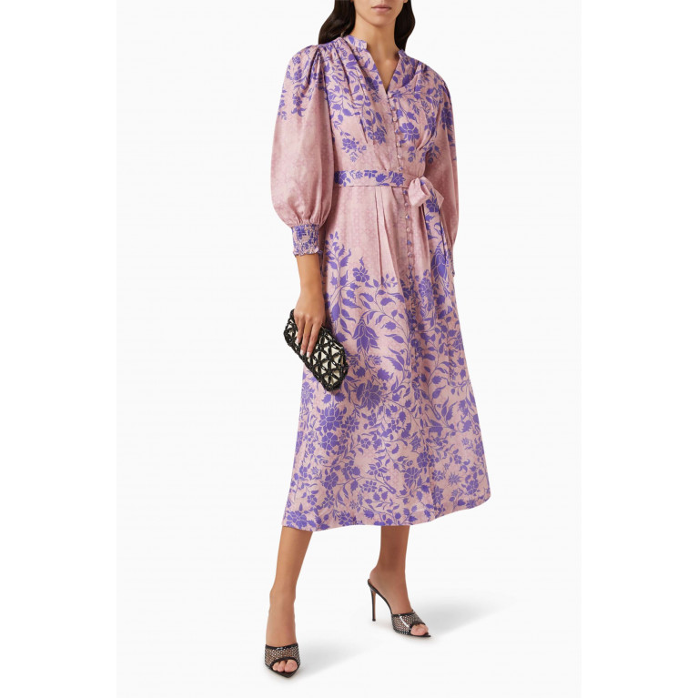 Kalico - Tulip-A Floral-print Midi Dress in Linen-blend Pink