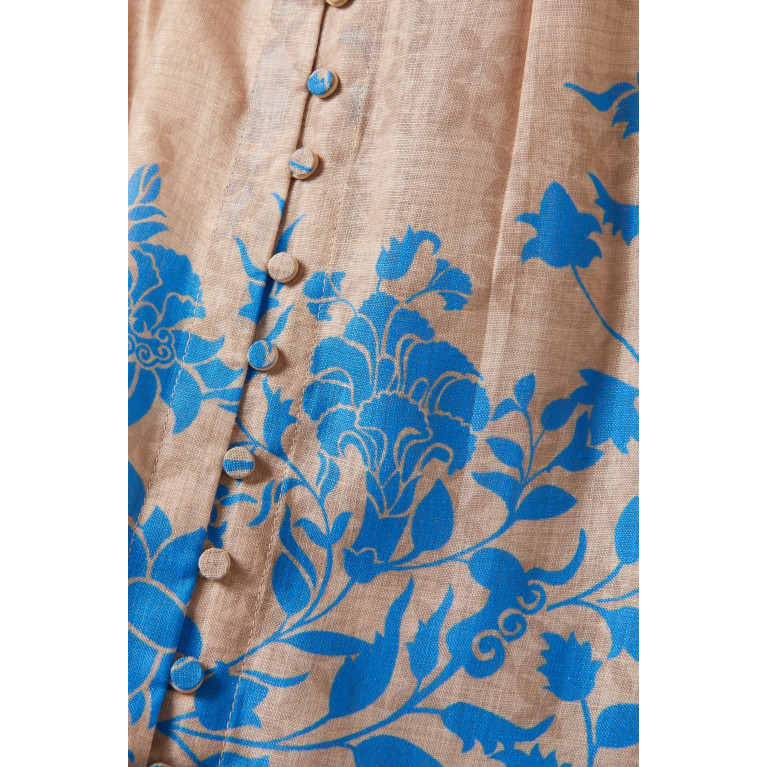 Kalico - Tulip-A Floral-print Midi Dress in Linen-blend Blue