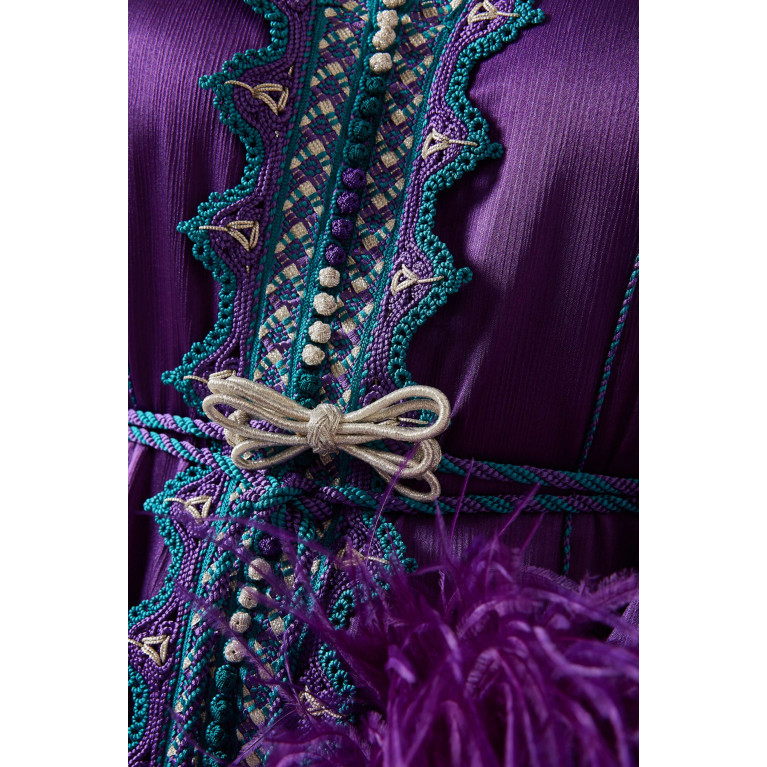 Reem Al Dhaheri - Feather-trimmed Moroccan Kaftan Dress in Satin