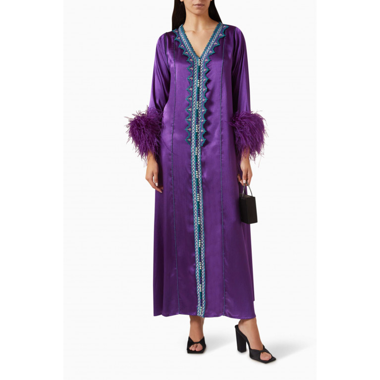 Reem Al Dhaheri - Feather-trimmed Moroccan Kaftan Dress in Satin