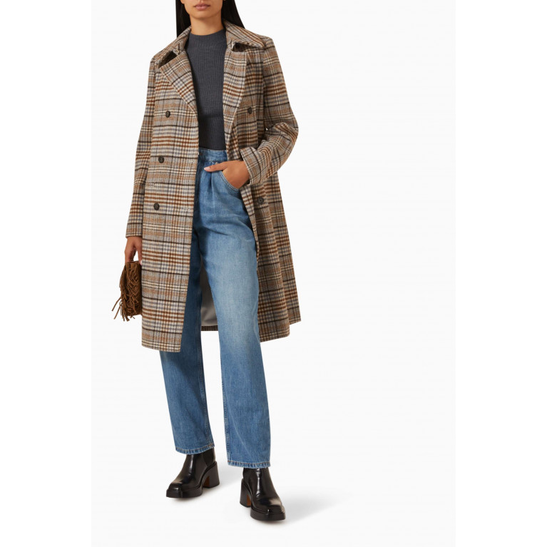 Maje - Checked Double-breasted Straight Coat in Knit