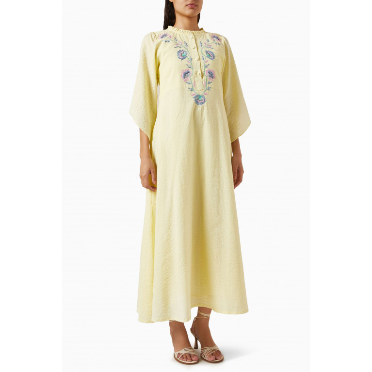 Miskaa - Embroidered Midi Dress in Cotton Blend Yellow