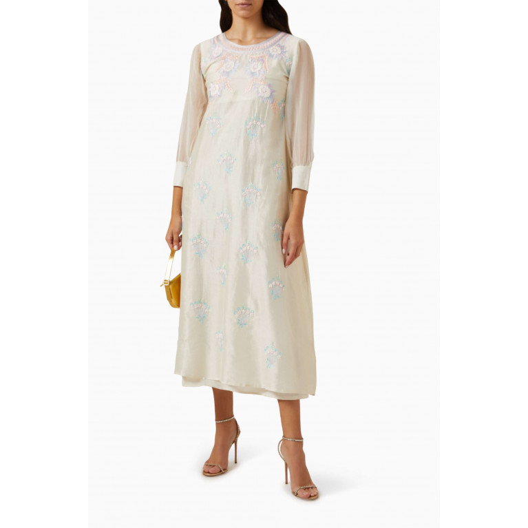 Miskaa - Embroidered Midi Dress in Cotton Blend Neutral