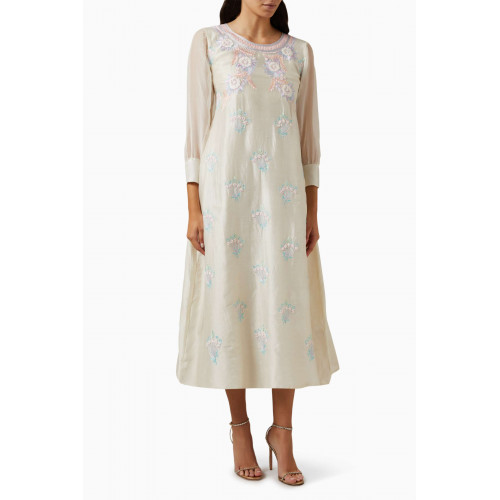 Miskaa - Embroidered Midi Dress in Cotton Blend Neutral