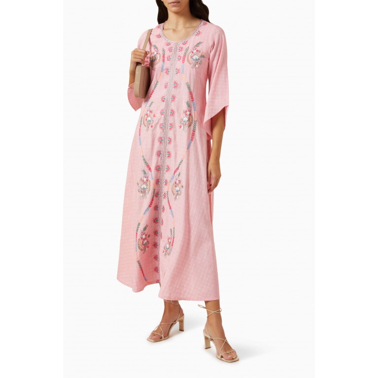 Miskaa - Embroidered Midi Dress in Check Fabric Pink