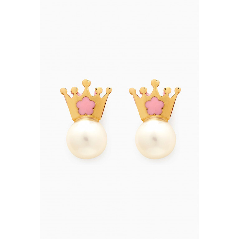 Baby Fitaihi - Crown Pearl & Enamel Earrings in 18kt Gold