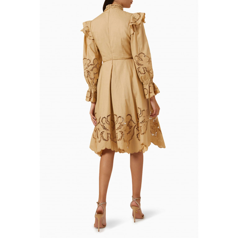 Serpil - Ruffle-trimmed Midi Dress in Cotton-hemp Blend Neutral