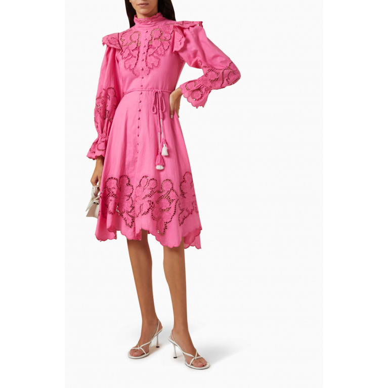Serpil - Ruffle-trimmed Midi Dress in Cotton-hemp Blend Pink