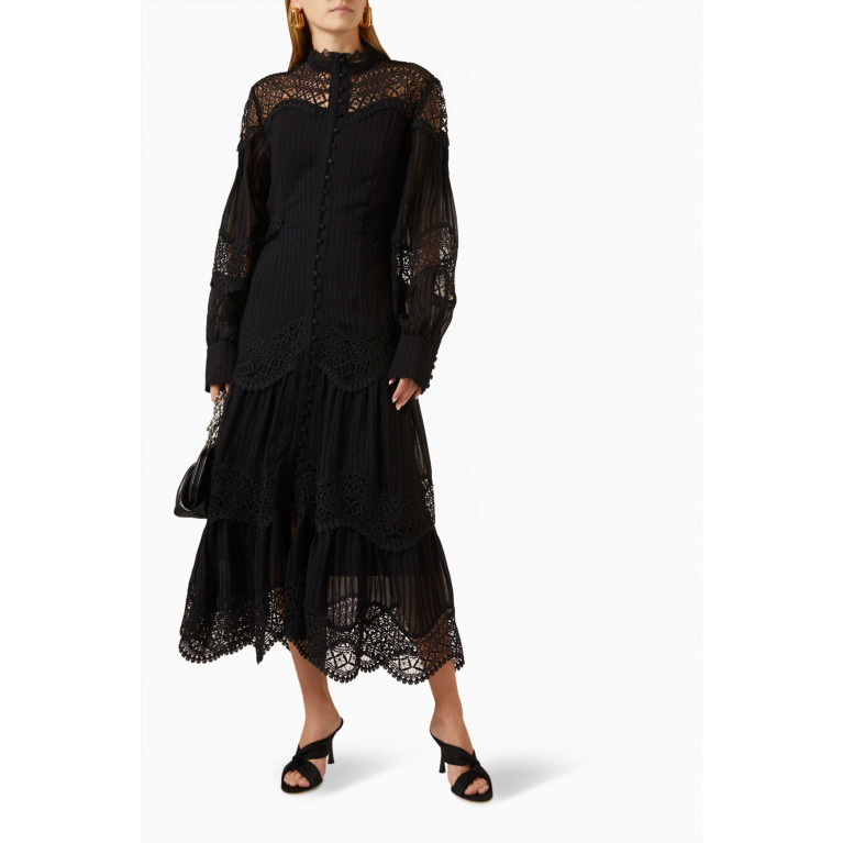 Serpil - Lace Panel Midi Dress in Cotton Black