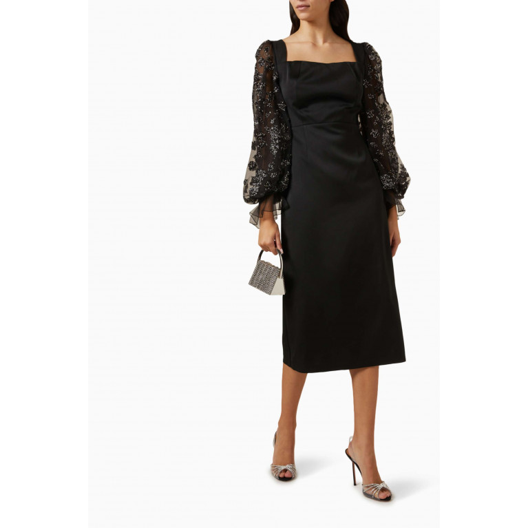 Serpil - Tulle Floral-print Sleeves Maxi Dress in Crepe Black