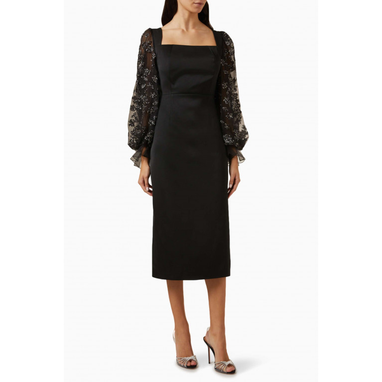 Serpil - Tulle Floral-print Sleeves Maxi Dress in Crepe Black