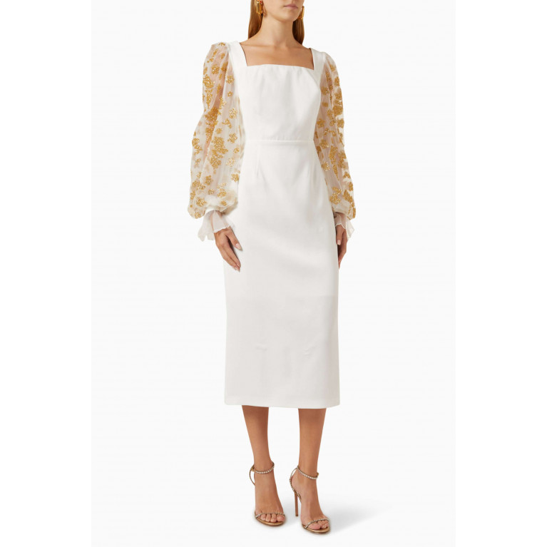 Serpil - Tulle Floral-print Sleeves Maxi Dress in Crepe White