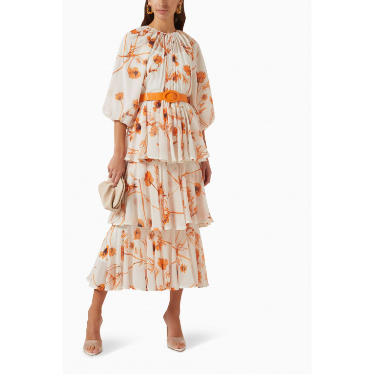 Serpil - Floral-print Tiered Midi Dress Orange