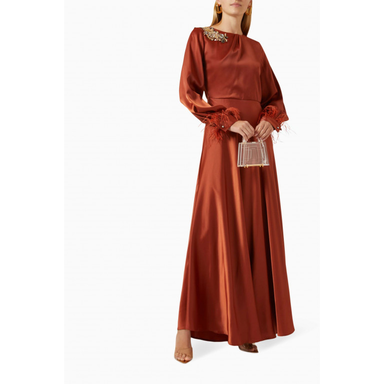 Serpil - Embellished Maxi Dress in Satin Brown
