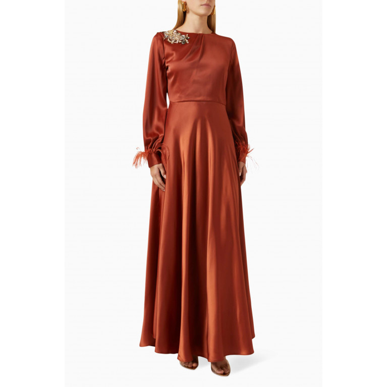 Serpil - Embellished Maxi Dress in Satin Brown