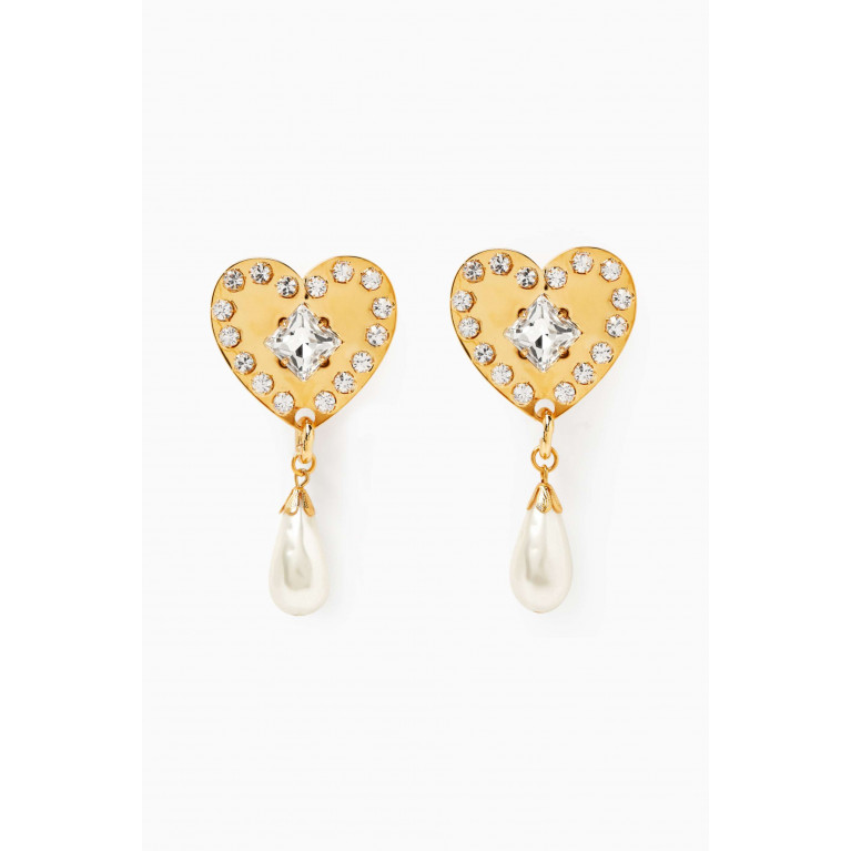 Alessandra Rich - Heart Crystal-embellished Pearl Drop Earrings in Brass