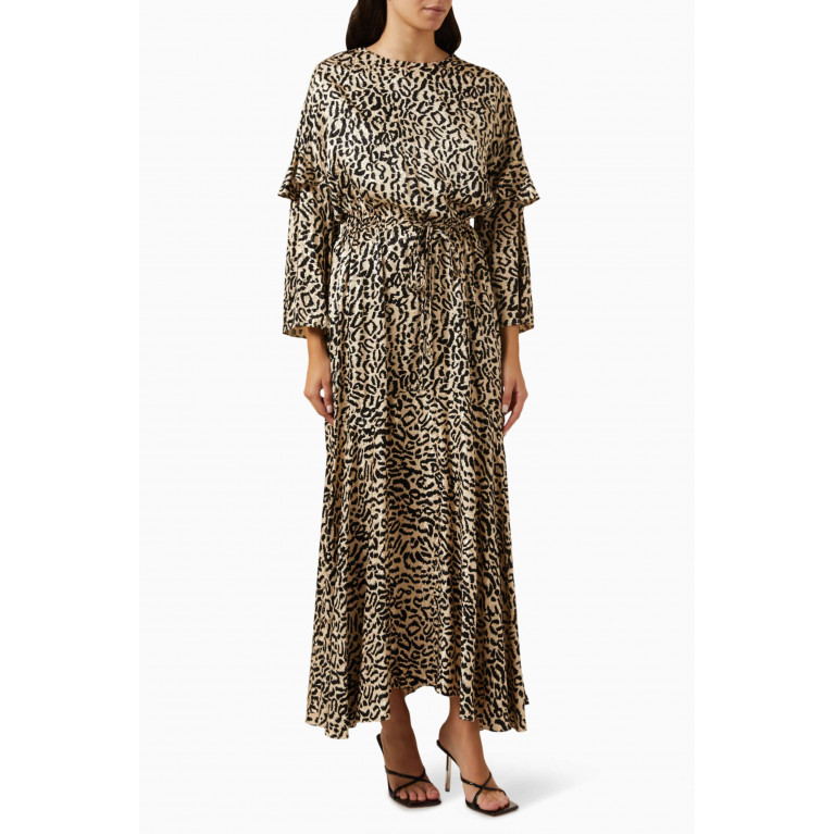 Qui Prive - Leopard-print Drawstring Maxi Dress in Satin-jacquard