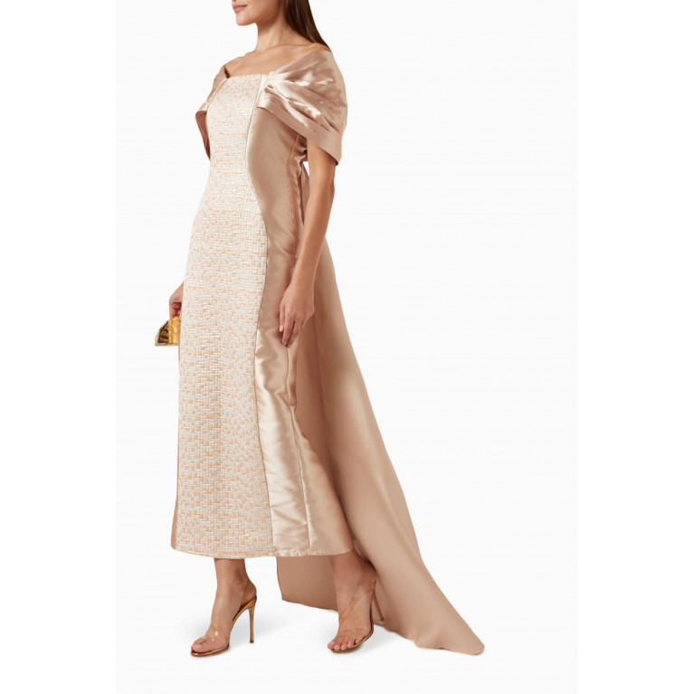 Alize - Cape-sleeve Maxi Dress in Jacquard Neutral