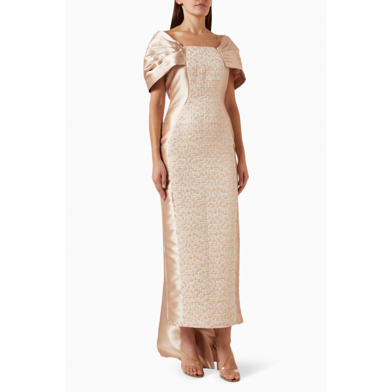 Alize - Cape-sleeve Maxi Dress in Jacquard Neutral