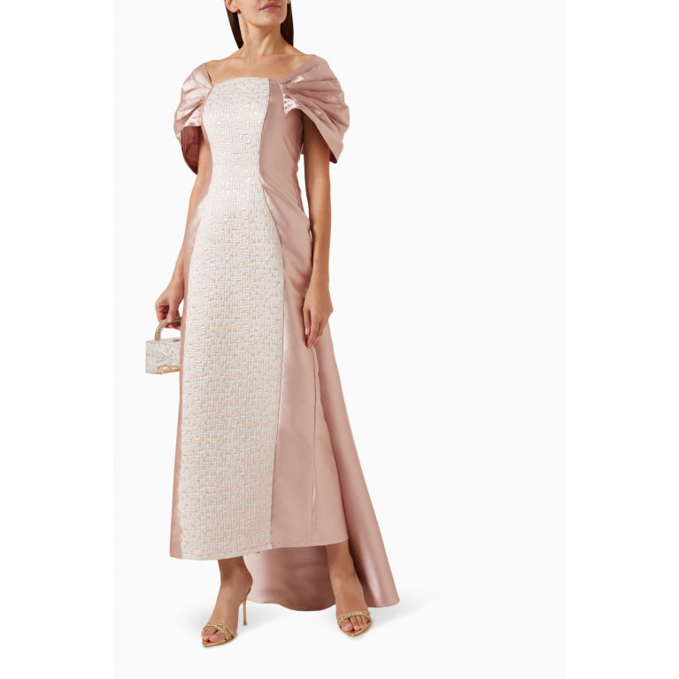 Alize - Cape-sleeve Maxi Dress in Jacquard Pink