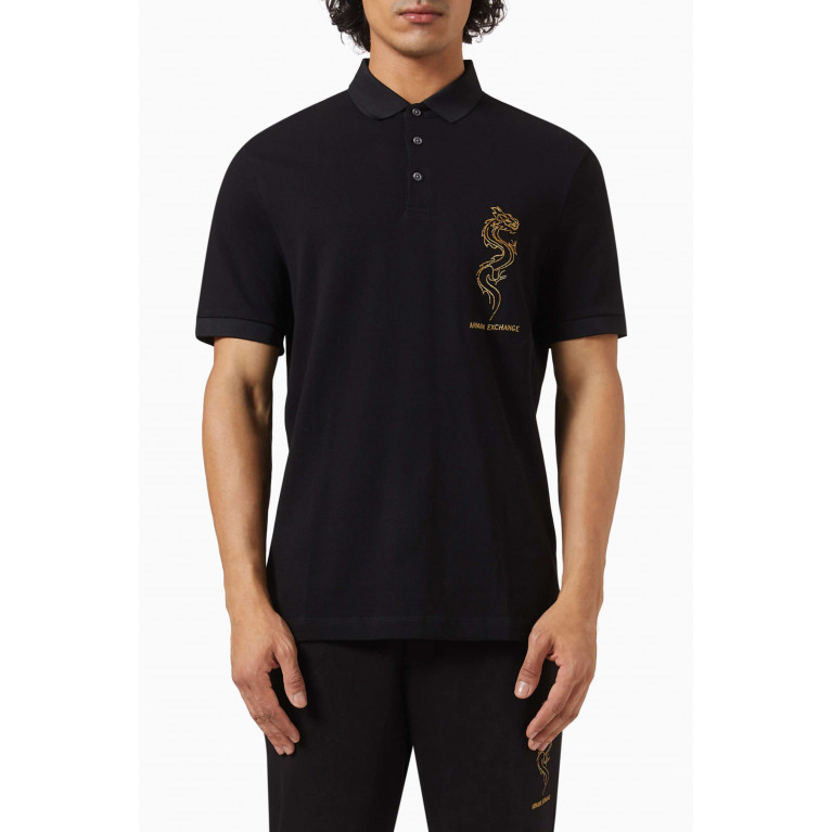 Armani Exchange - Dragon Embroidery Polo Shirt in Cotton Piqué Black