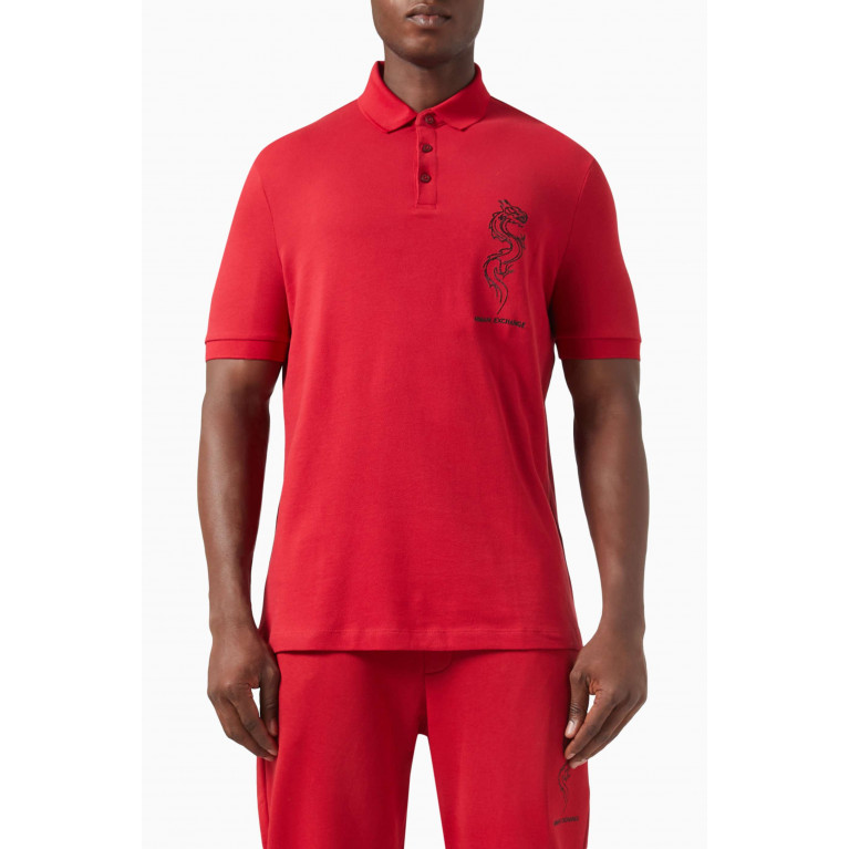 Armani Exchange - Dragon Embroidery Polo Shirt in Cotton Piqué Red