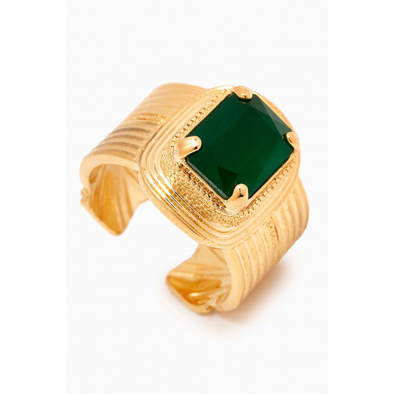 Satellite - Large Cabochon Adjustable Ring in 14kt Gold-plated Metal