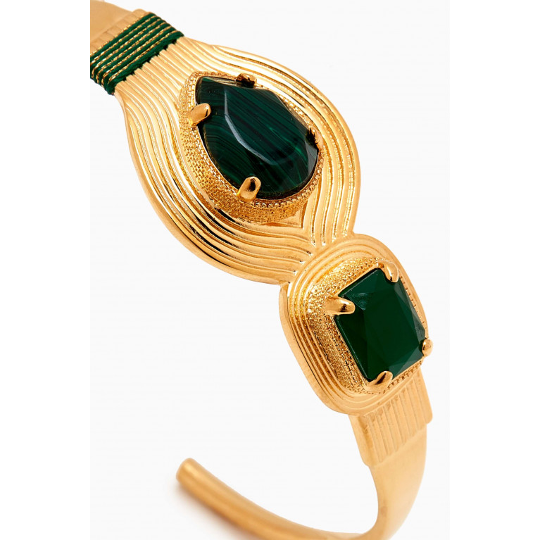 Satellite - Reconstituted Malachite Adjustable Bangle in 14kt Gold-plated Metal