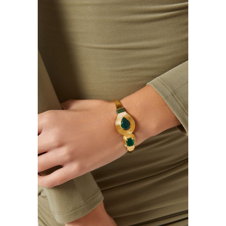 Satellite - Reconstituted Malachite Adjustable Bangle in 14kt Gold-plated Metal