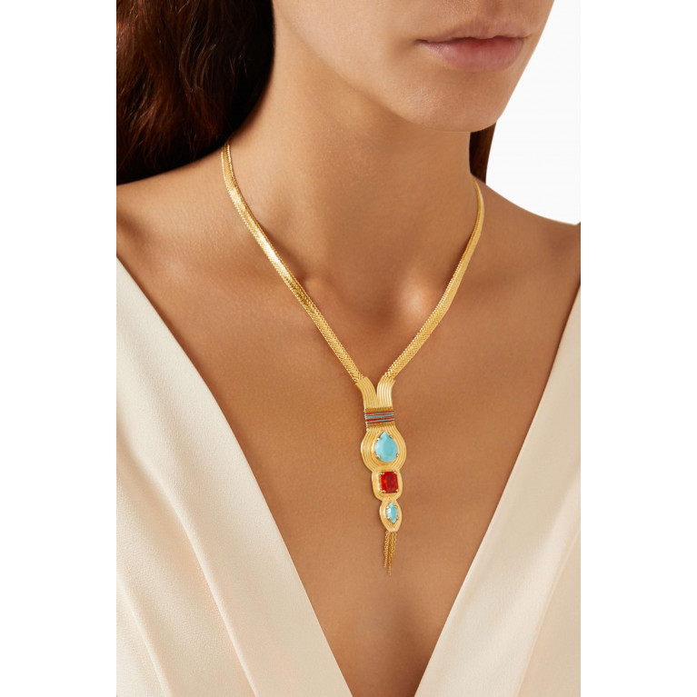 Satellite - Filigree Cabochon Sautoir Necklace in 14kt Gold-plated Metal