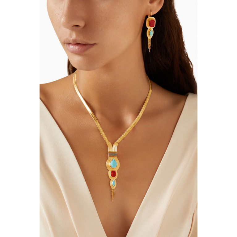 Satellite - Filigree Cabochon Sautoir Necklace in 14kt Gold-plated Metal
