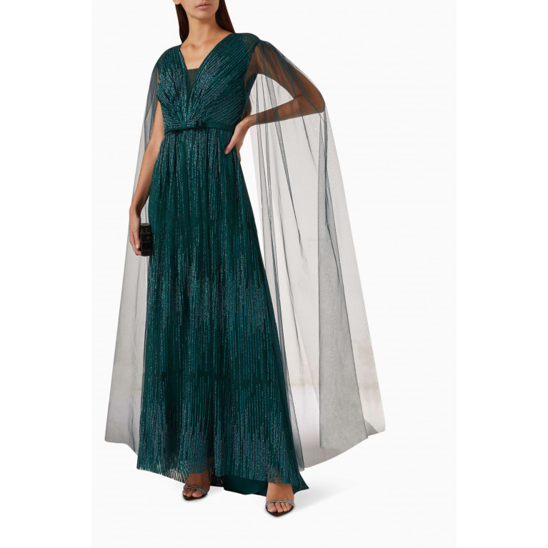Eleganza La Mode - Beaded Maxi Dress in Tulle & Silk Green